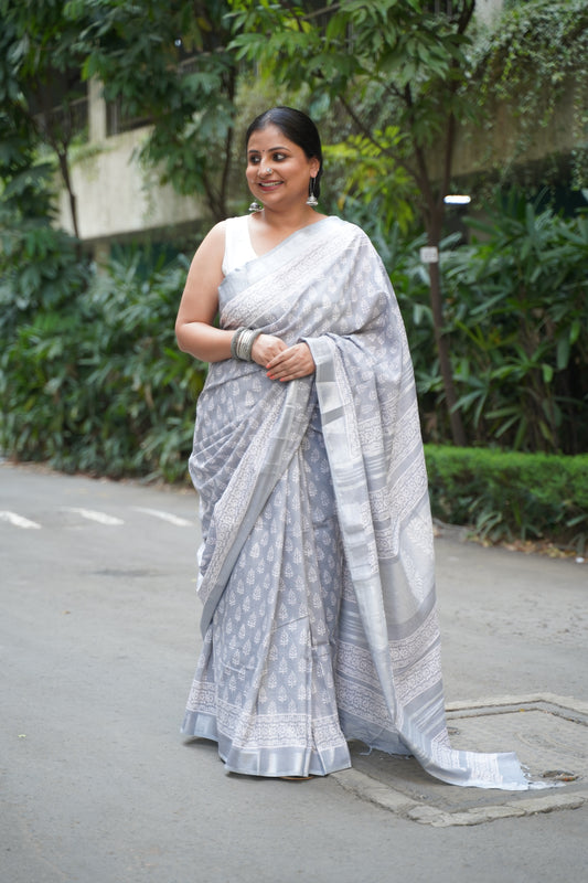 Grey Linen Handblock Saree