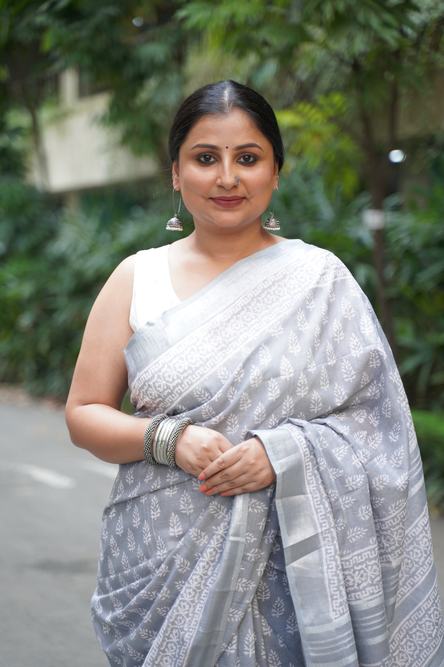 Grey Linen Handblock Saree