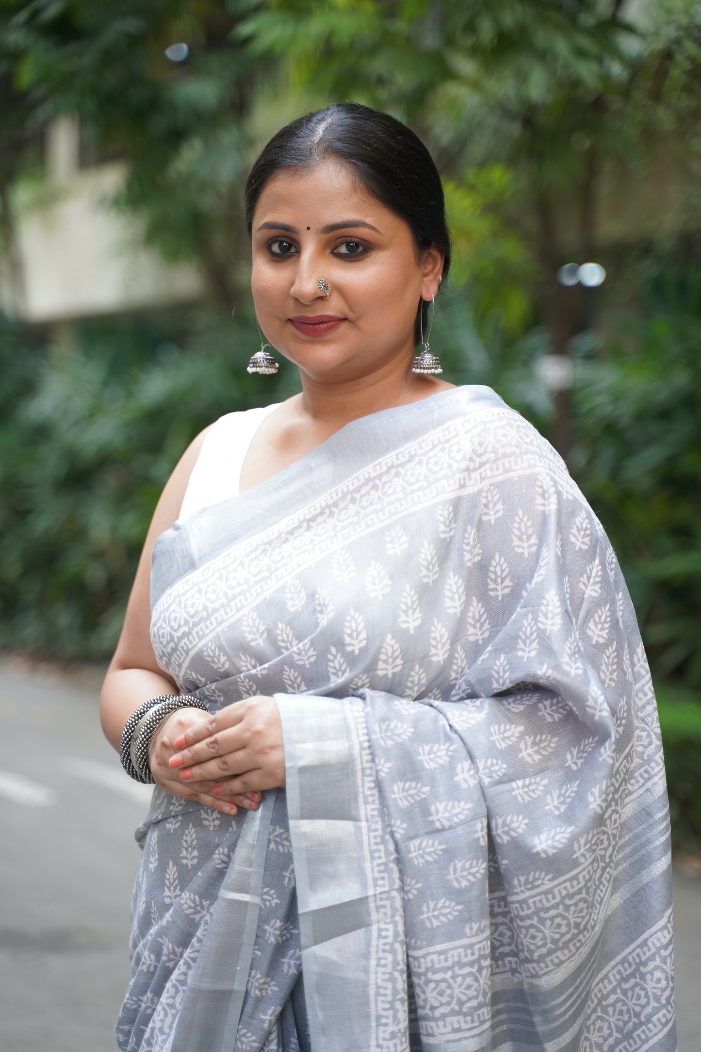 Grey Linen Handblock Saree