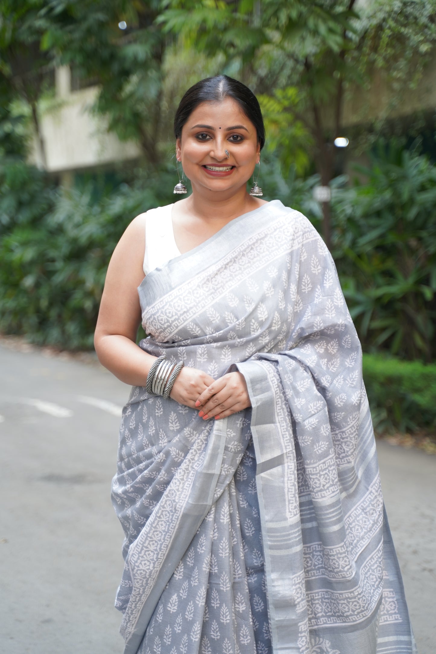 Grey Linen Handblock Saree