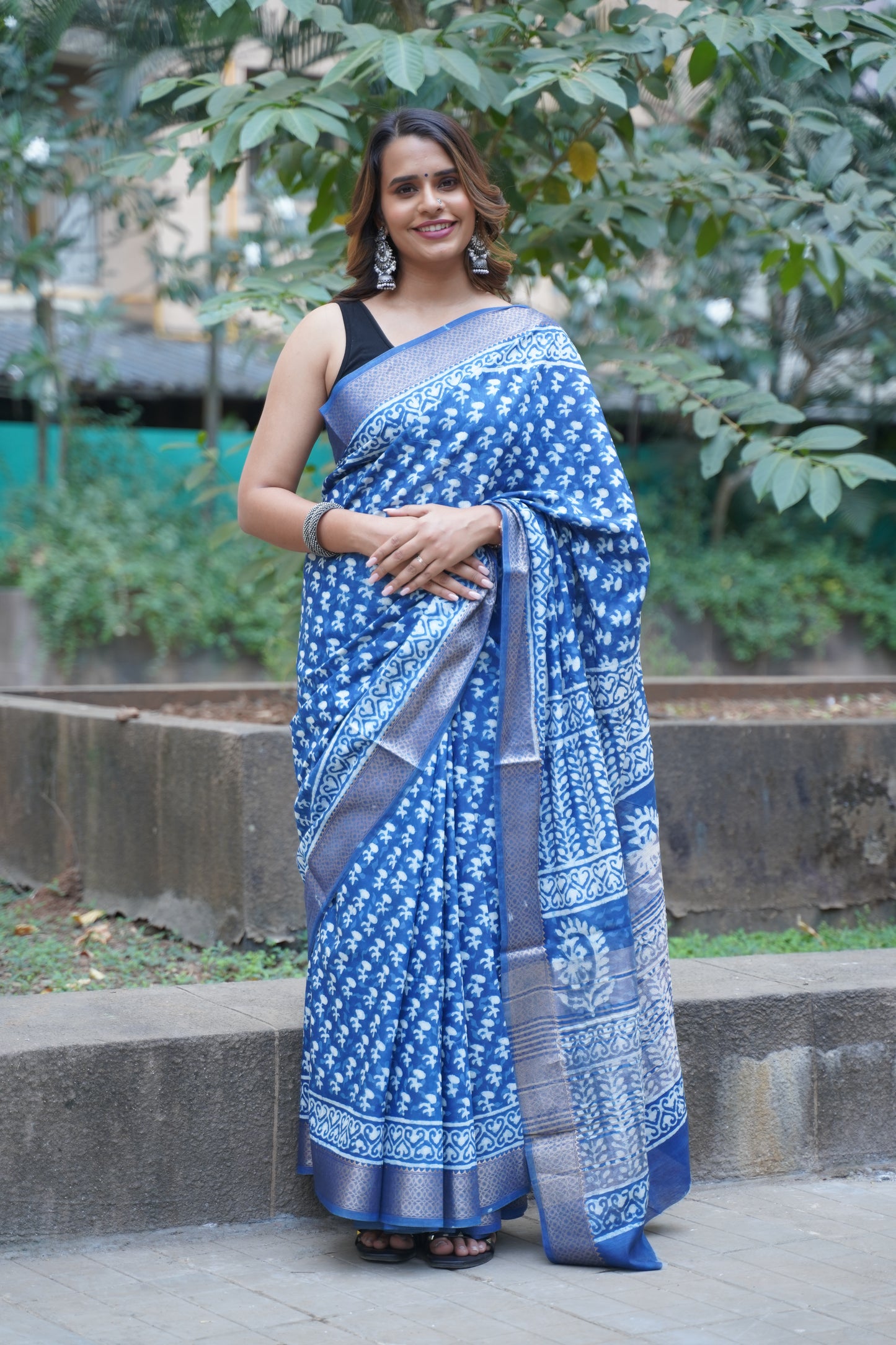 Indigo Blue Maheshwari Art Silk Dabu Block Print Saree