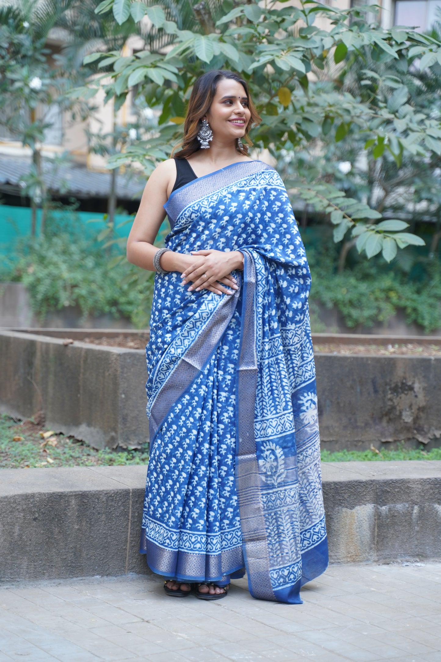 Indigo Blue Maheshwari Art Silk Dabu Block Print Saree