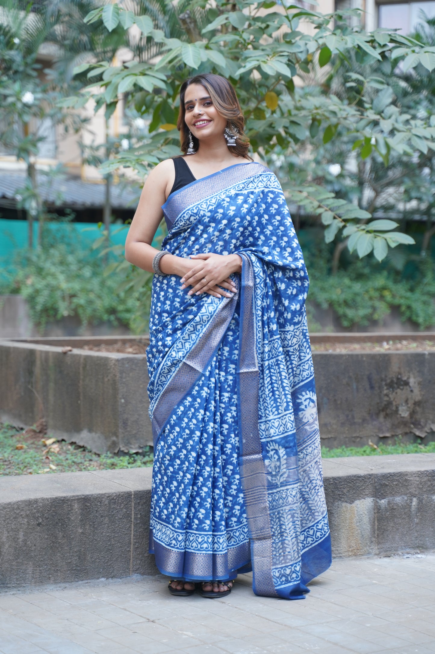 Indigo Blue Maheshwari Art Silk Dabu Block Print Saree