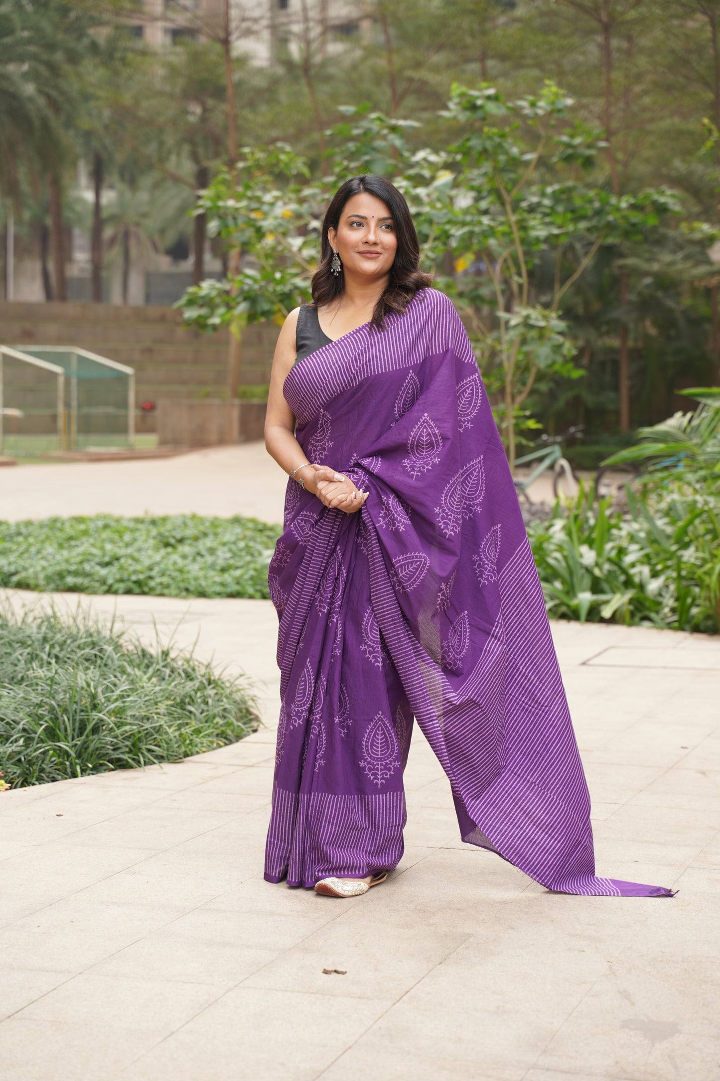 Dark Purple Mul Cotton Handblock Print Saree