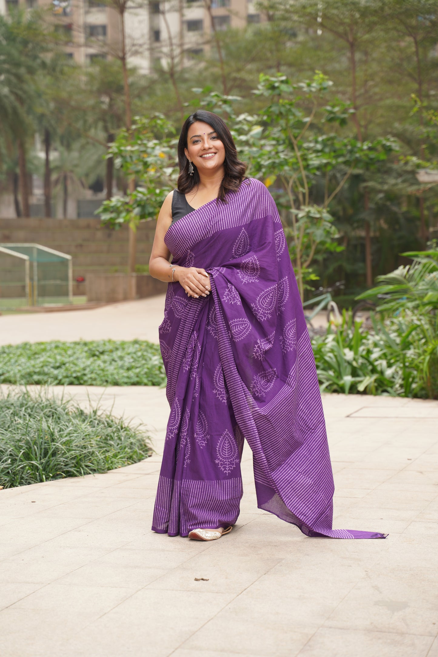 Dark Purple Mul Cotton Handblock Print Saree