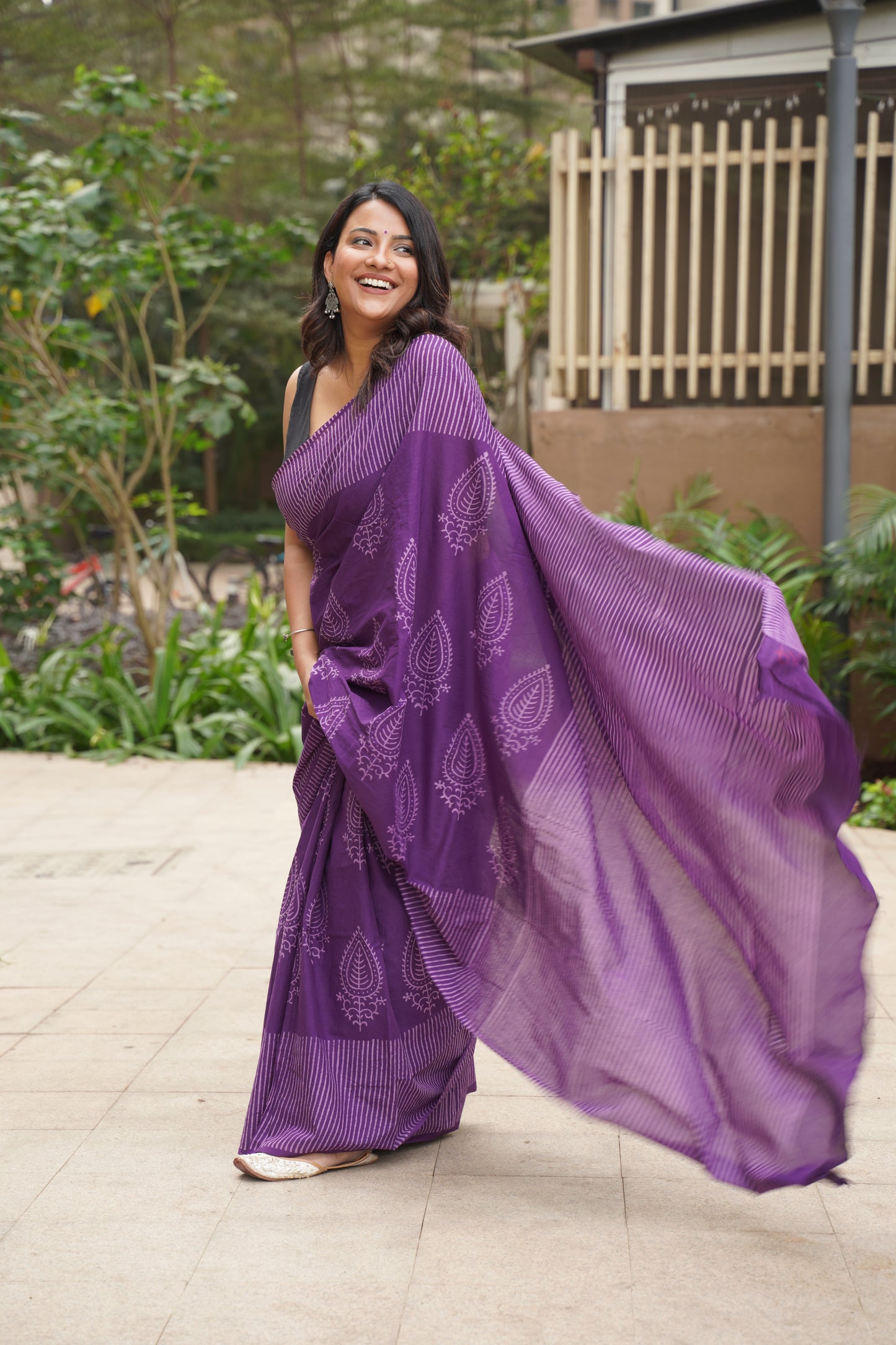 Dark Purple Mul Cotton Handblock Print Saree