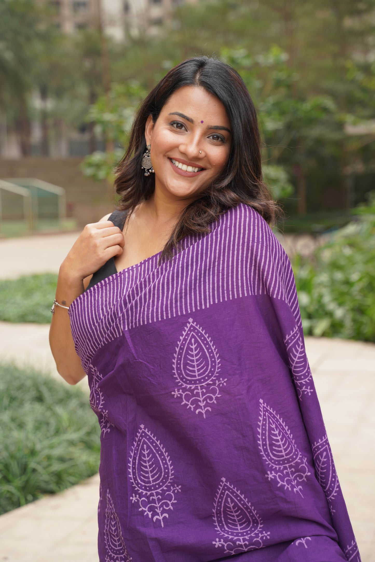 Dark Purple Mul Cotton Handblock Print Saree