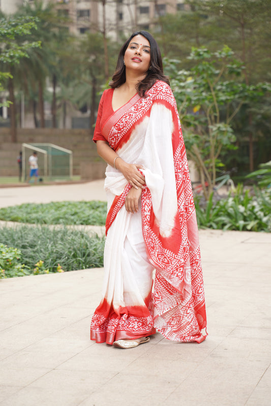 White and Red Hand Batik Print Bhagalpur Linen Saree