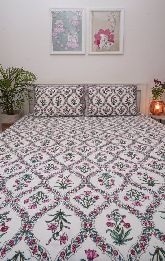 Gulbadan- White & Pink King Size 100% Cotton Handblock Print Bedsheet