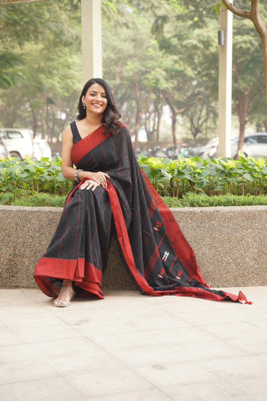 Black and Red Cotton Linen Hashtag Saree