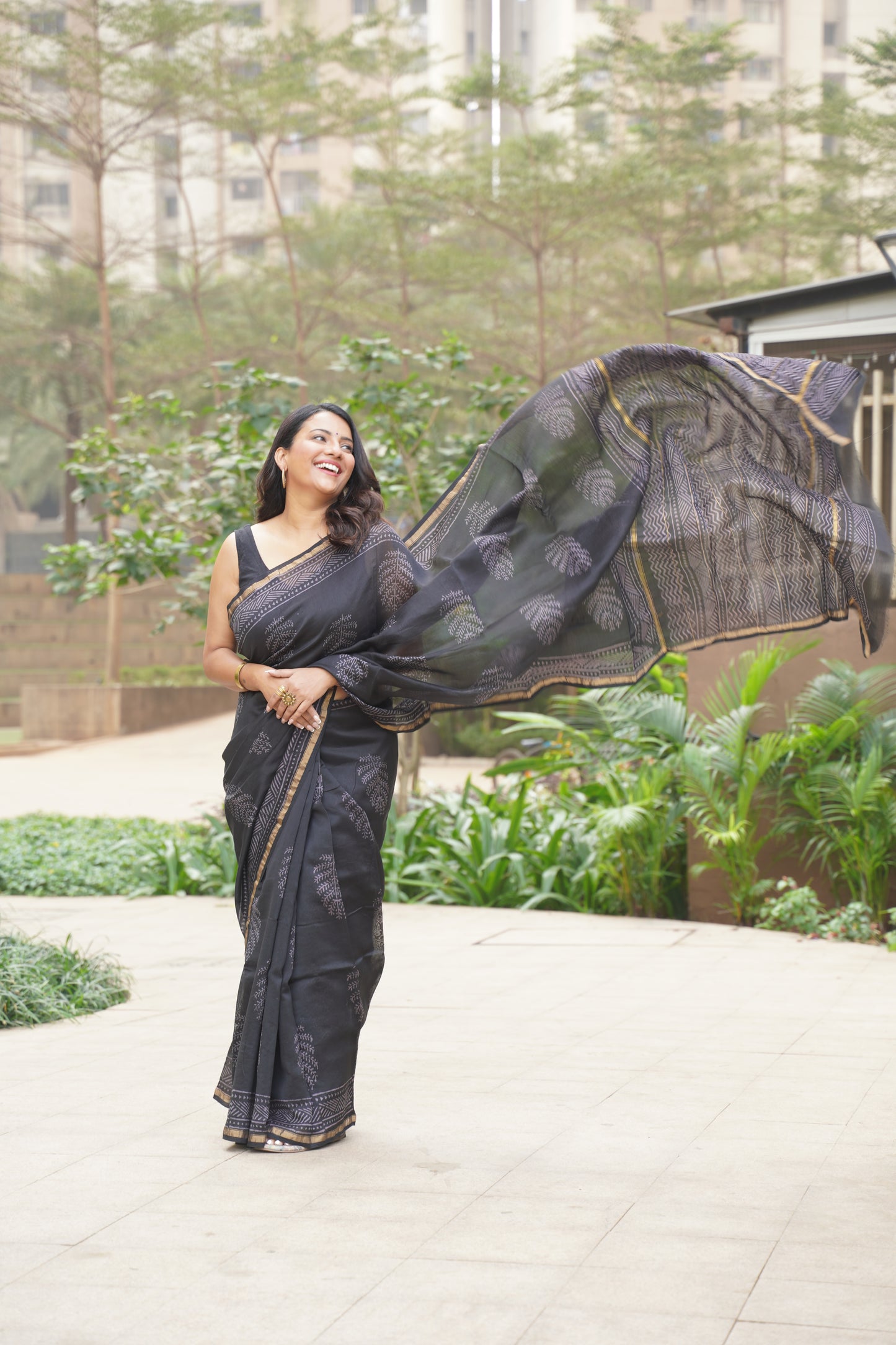 Black Cotton and Silk Chanderi Handblock Print Saree