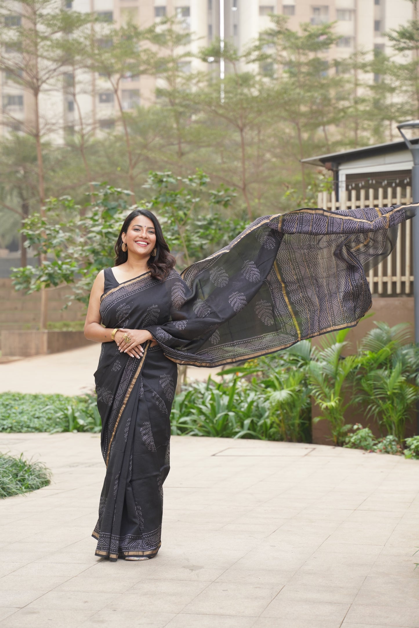 Black Cotton and Silk Chanderi Handblock Print Saree