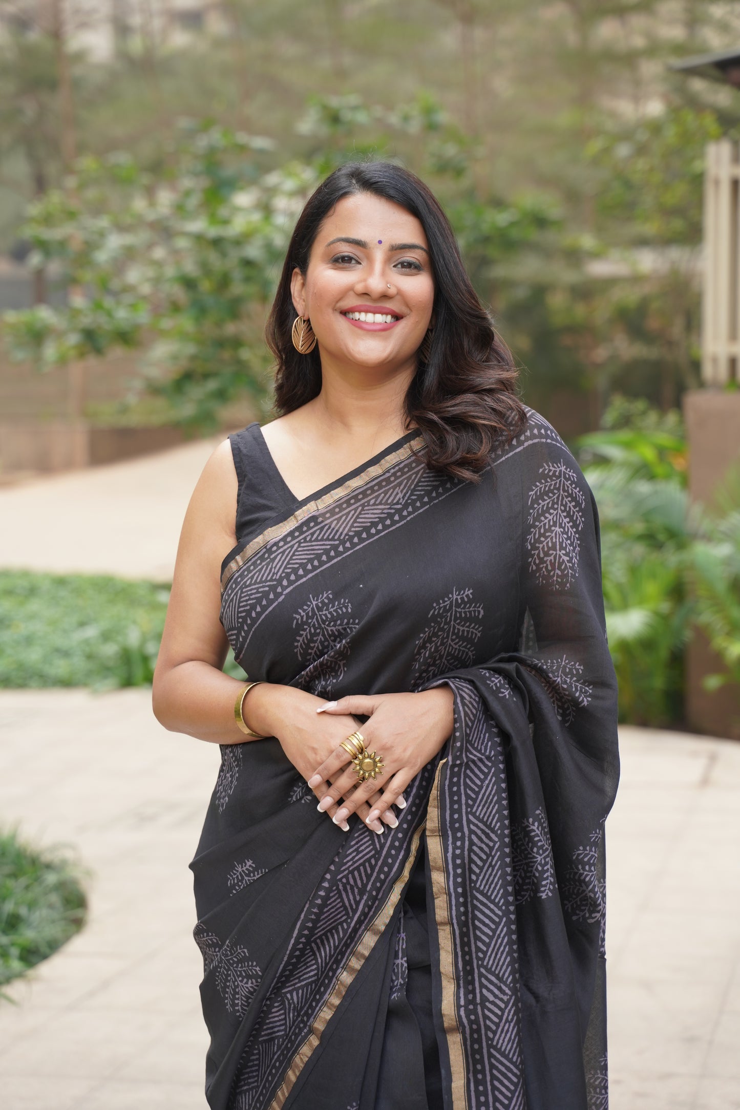 Black Cotton and Silk Chanderi Handblock Print Saree