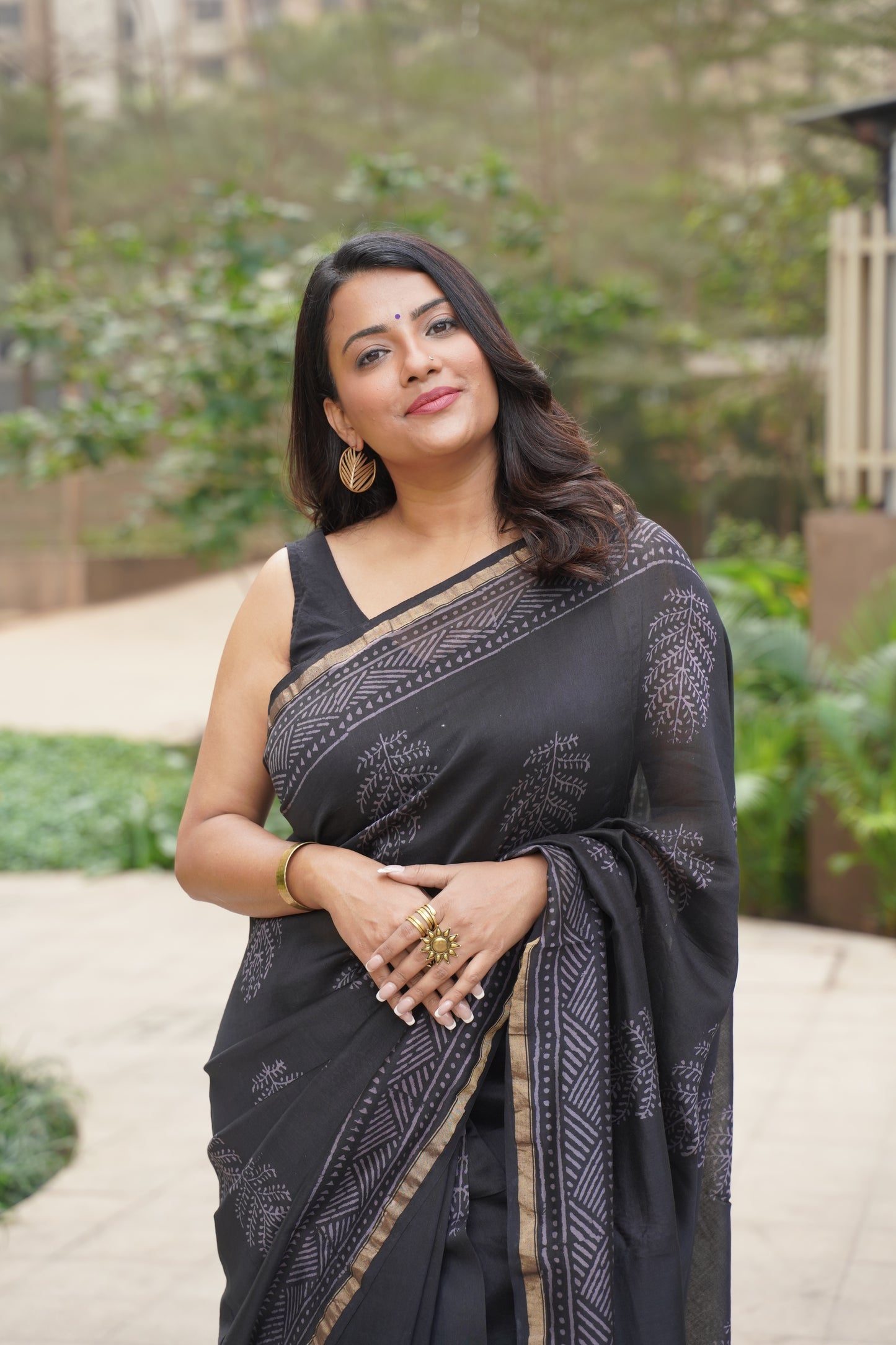 Black Cotton and Silk Chanderi Handblock Print Saree