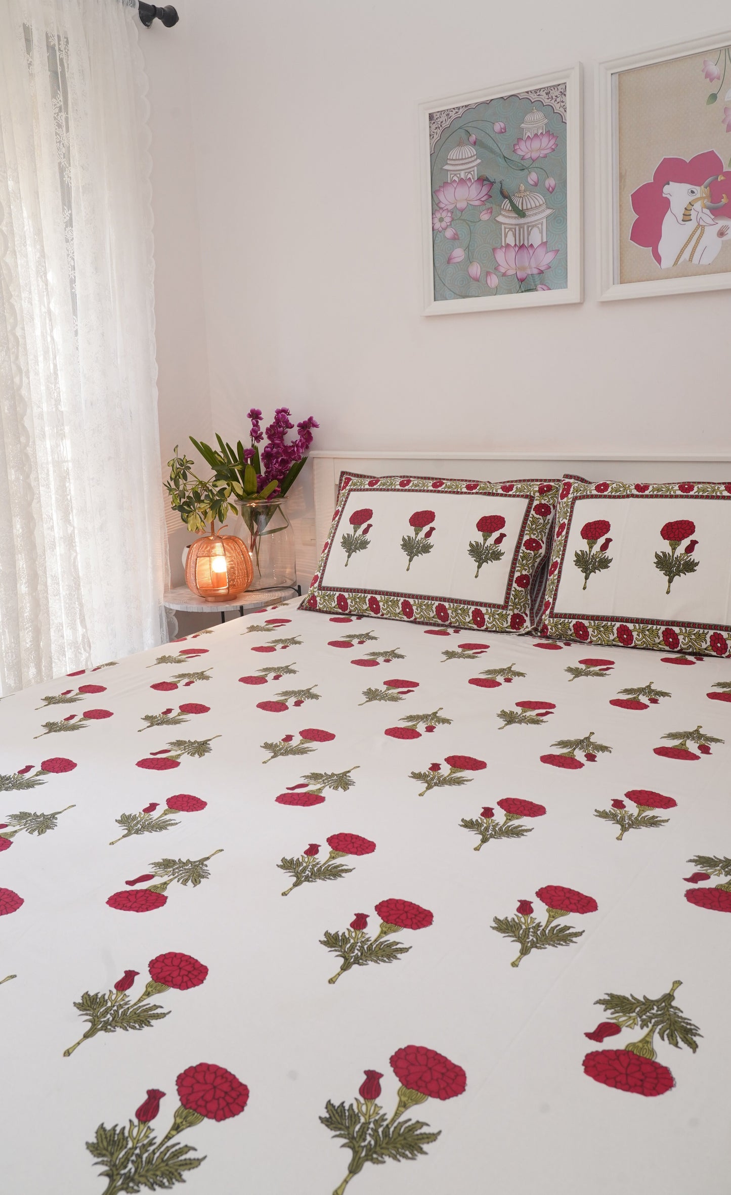 Marigold- White & Red King Size 100% Cotton Handblock Print Bedsheet