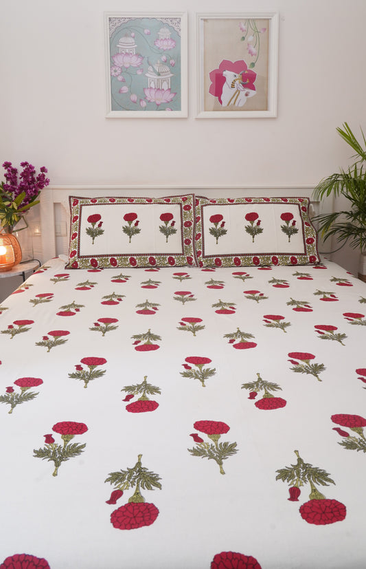 Marigold- White & Red King Size 100% Cotton Handblock Print Bedsheet