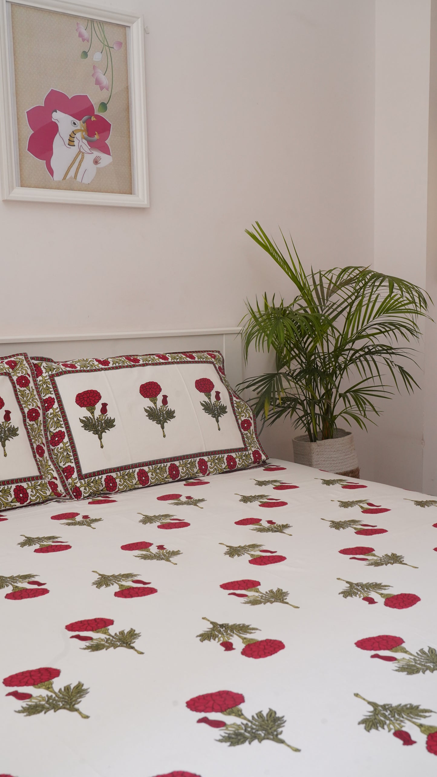 Marigold- White & Red King Size 100% Cotton Handblock Print Bedsheet