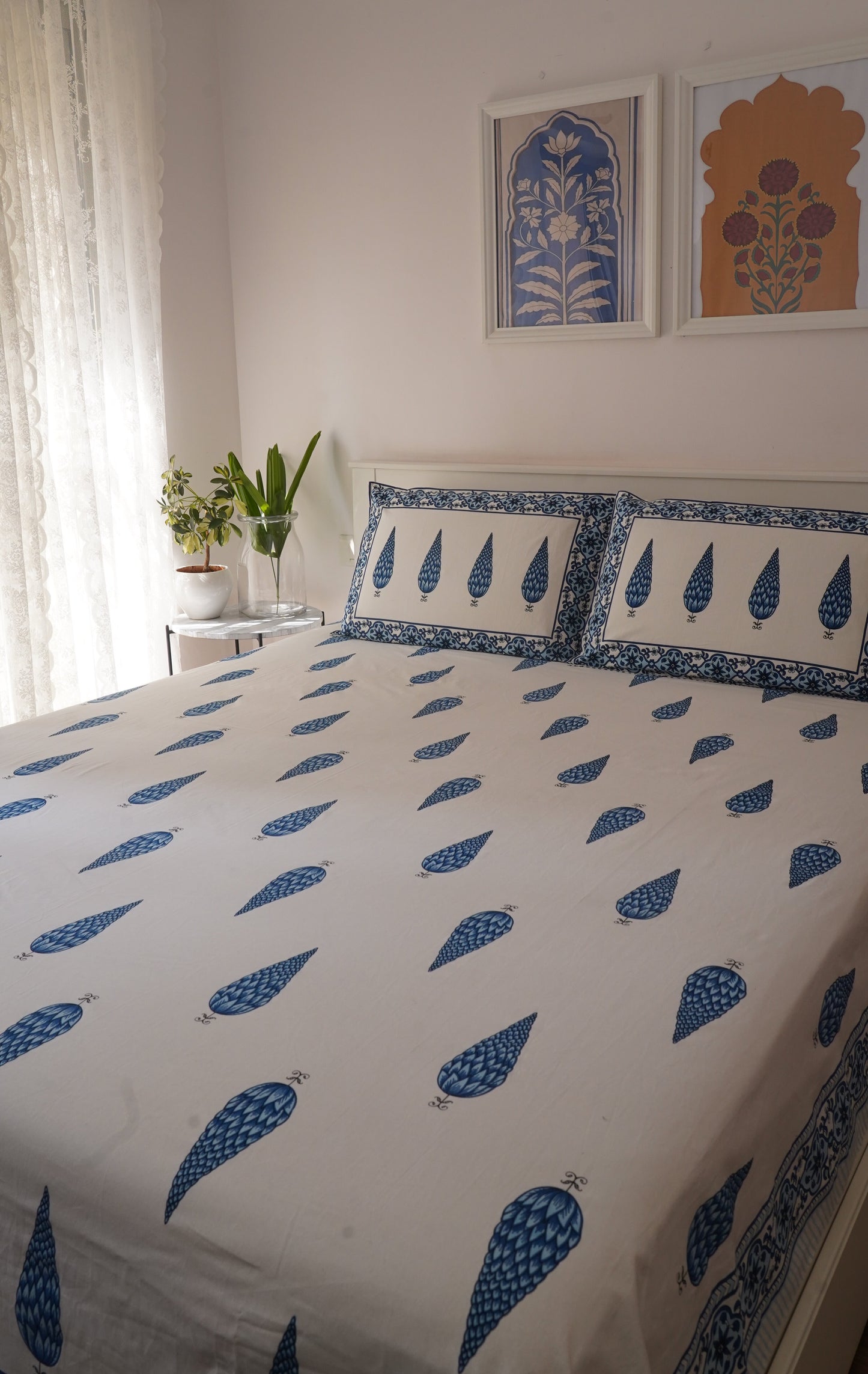 Gulmohar- White & Blue King Size 100% Cotton Handblock Print Bedsheet