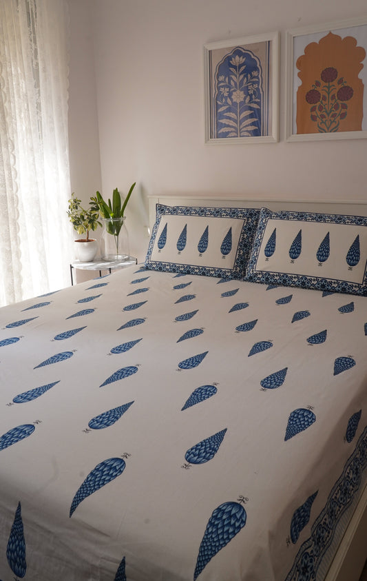 Gulmohar- White & Blue King Size 100% Cotton Handblock Print Bedsheet