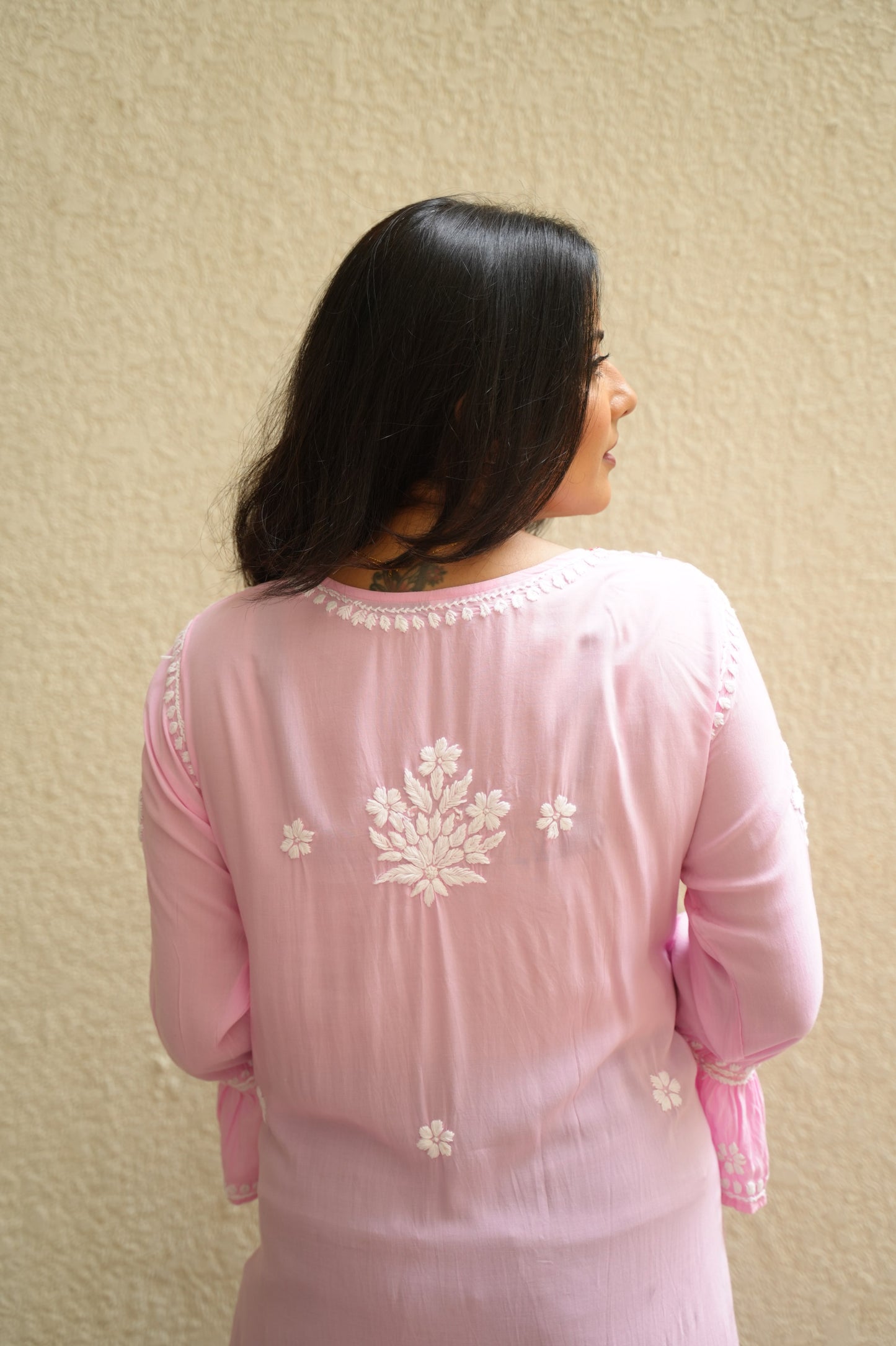 Aarohi Handwoven Chikankari Baby Pink Long Kurta 100% Modal