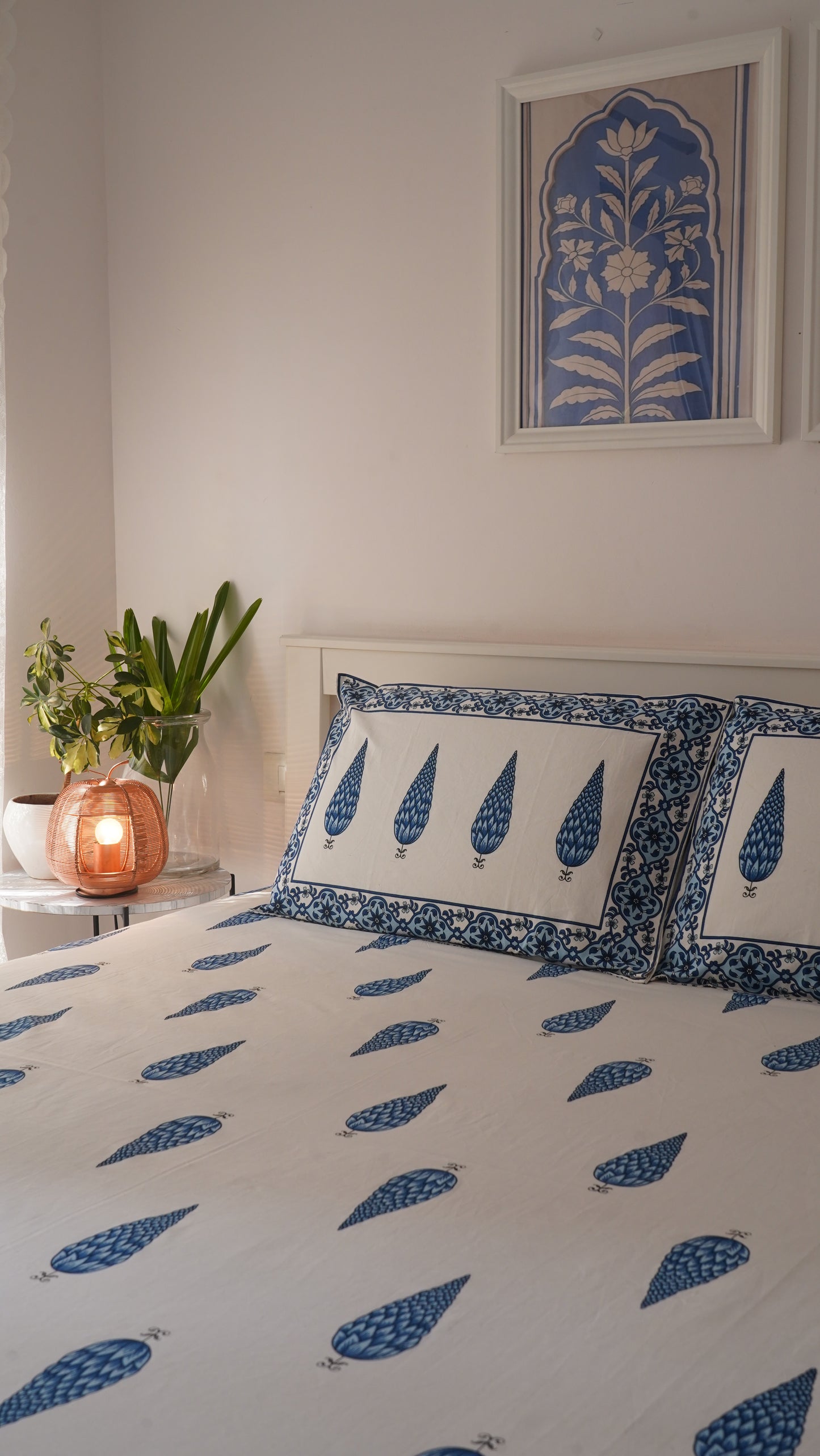 Gulmohar- White & Blue King Size 100% Cotton Handblock Print Bedsheet