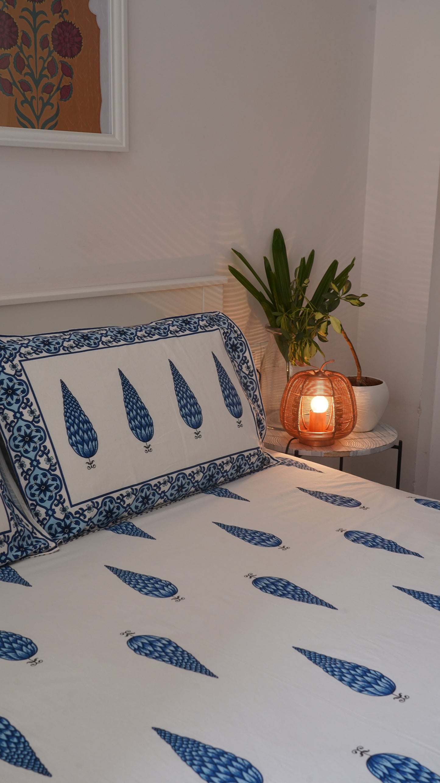 Gulmohar- White & Blue King Size 100% Cotton Handblock Print Bedsheet