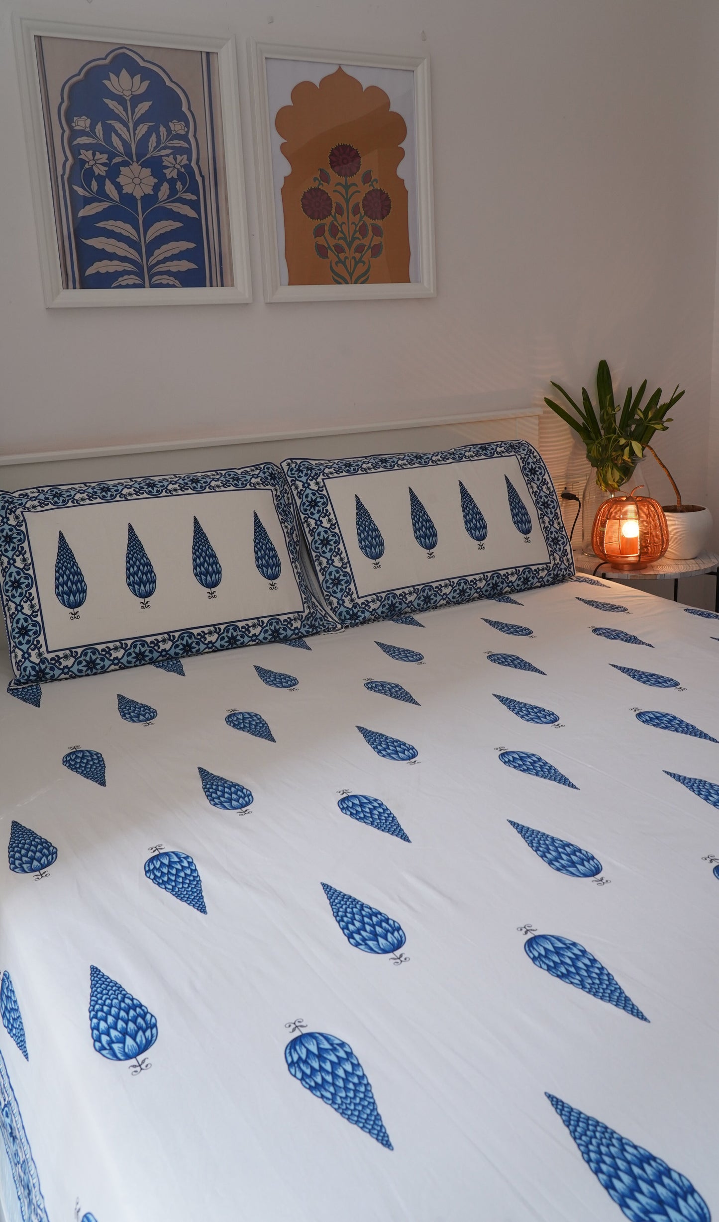 Gulmohar- White & Blue King Size 100% Cotton Handblock Print Bedsheet