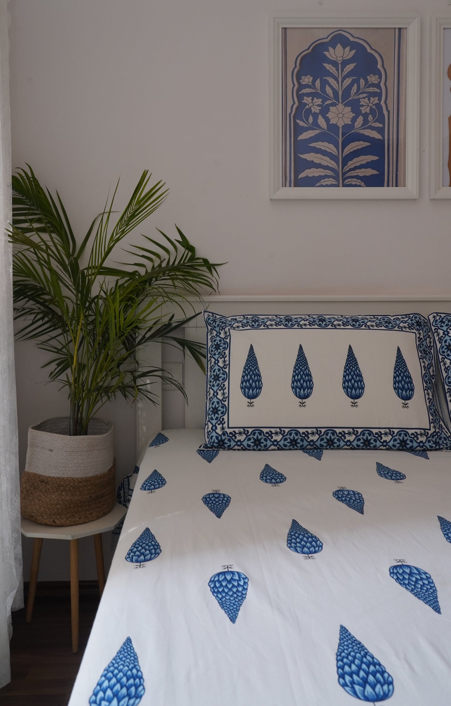 Gulmohar- White & Blue King Size 100% Cotton Handblock Print Bedsheet