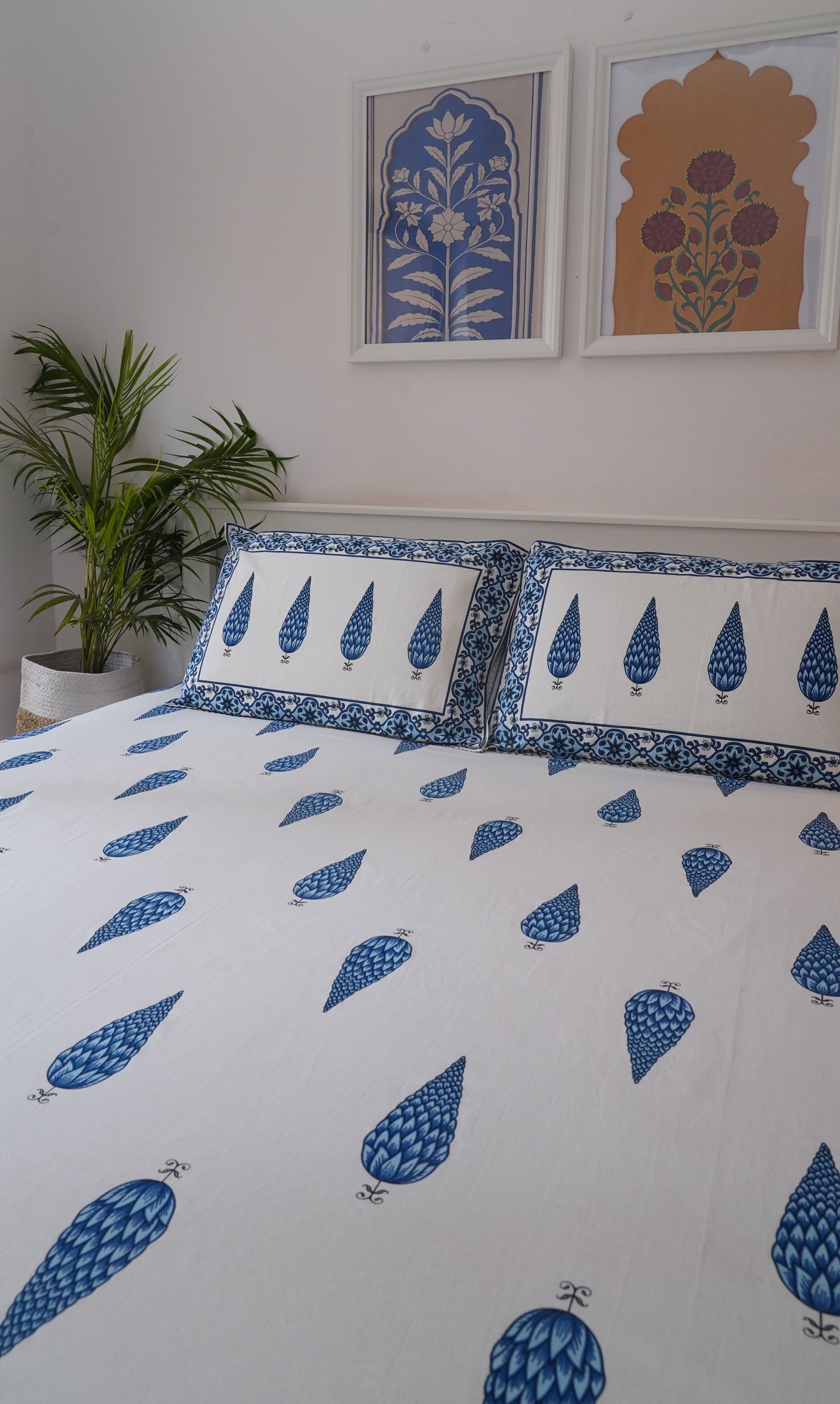 Gulmohar- White & Blue King Size 100% Cotton Handblock Print Bedsheet