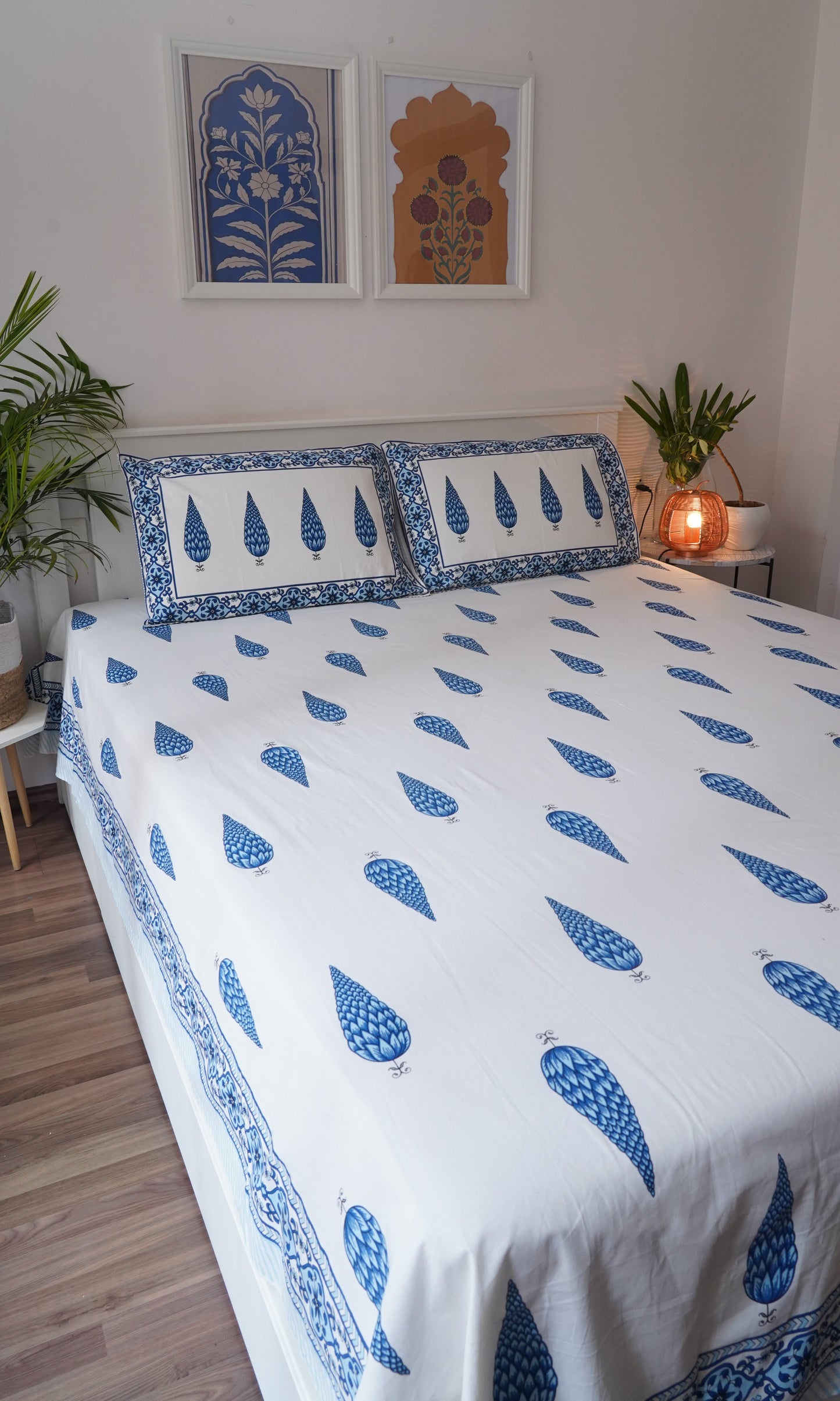 Gulmohar- White & Blue King Size 100% Cotton Handblock Print Bedsheet