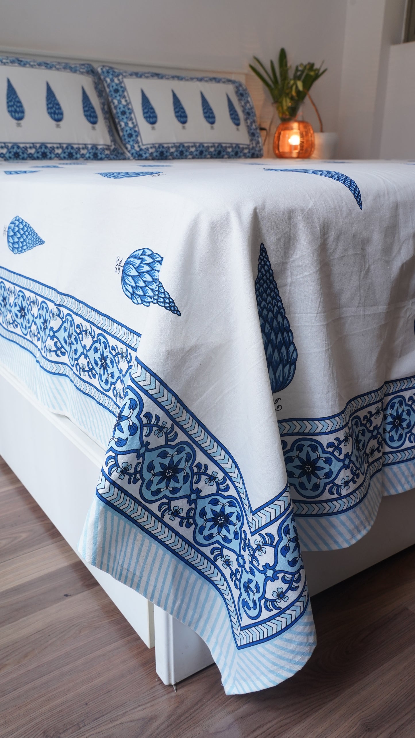 Gulmohar- White & Blue King Size 100% Cotton Handblock Print Bedsheet