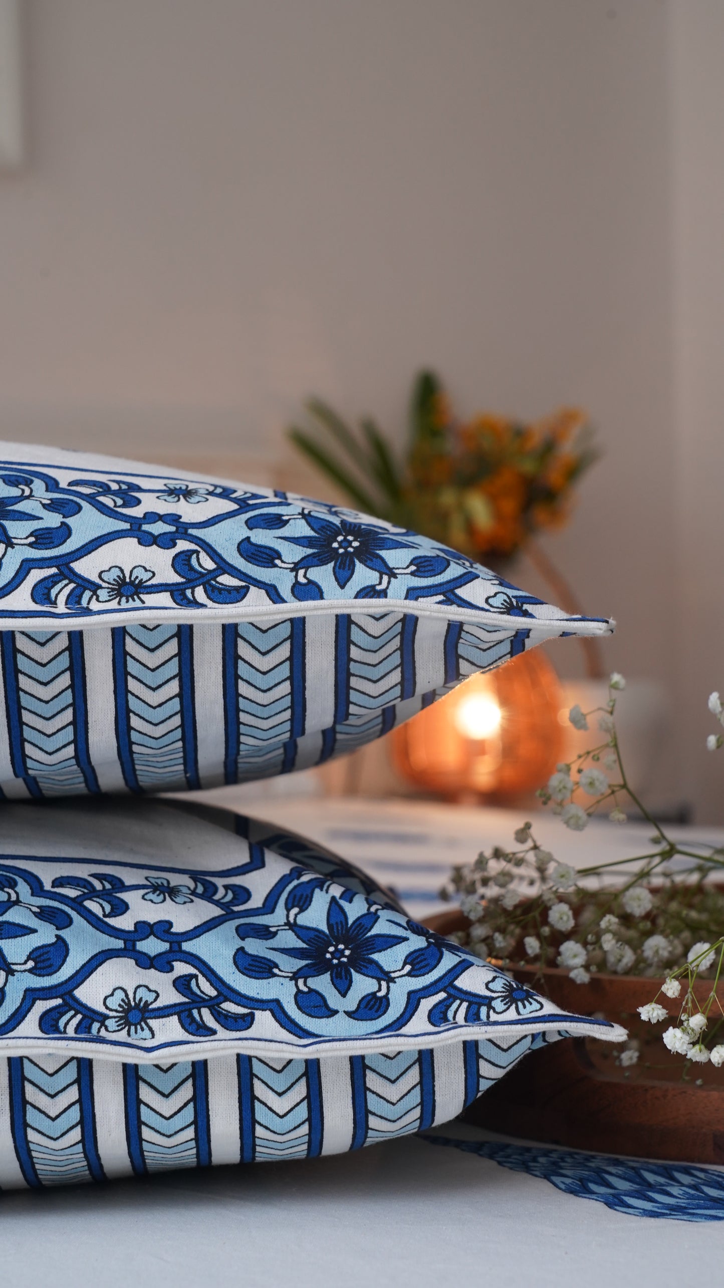 Gulmohar- White & Blue King Size 100% Cotton Handblock Print Bedsheet