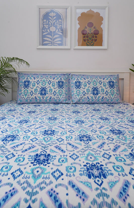 Hibiscus- White & Blue King Size 100% Cotton Handblock Print Bedsheet