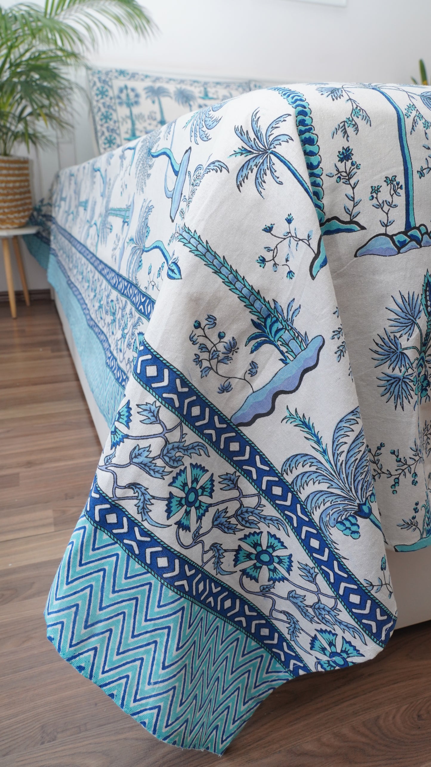 Nucifera- White & Blue King Size 100% Cotton Handblock Print Bedsheet