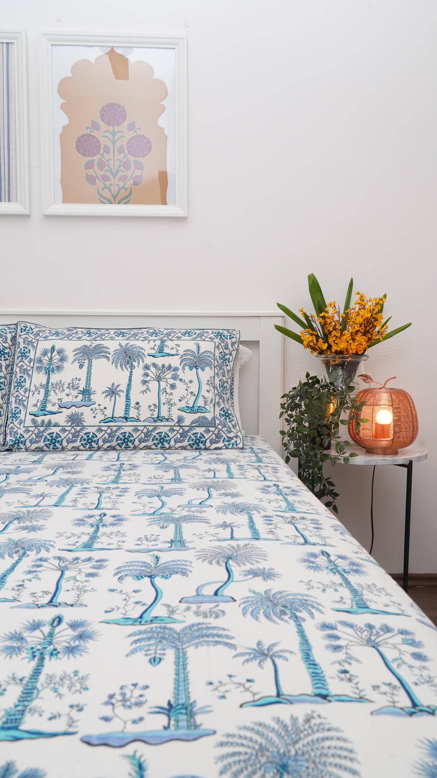 Nucifera- White & Blue King Size 100% Cotton Handblock Print Bedsheet