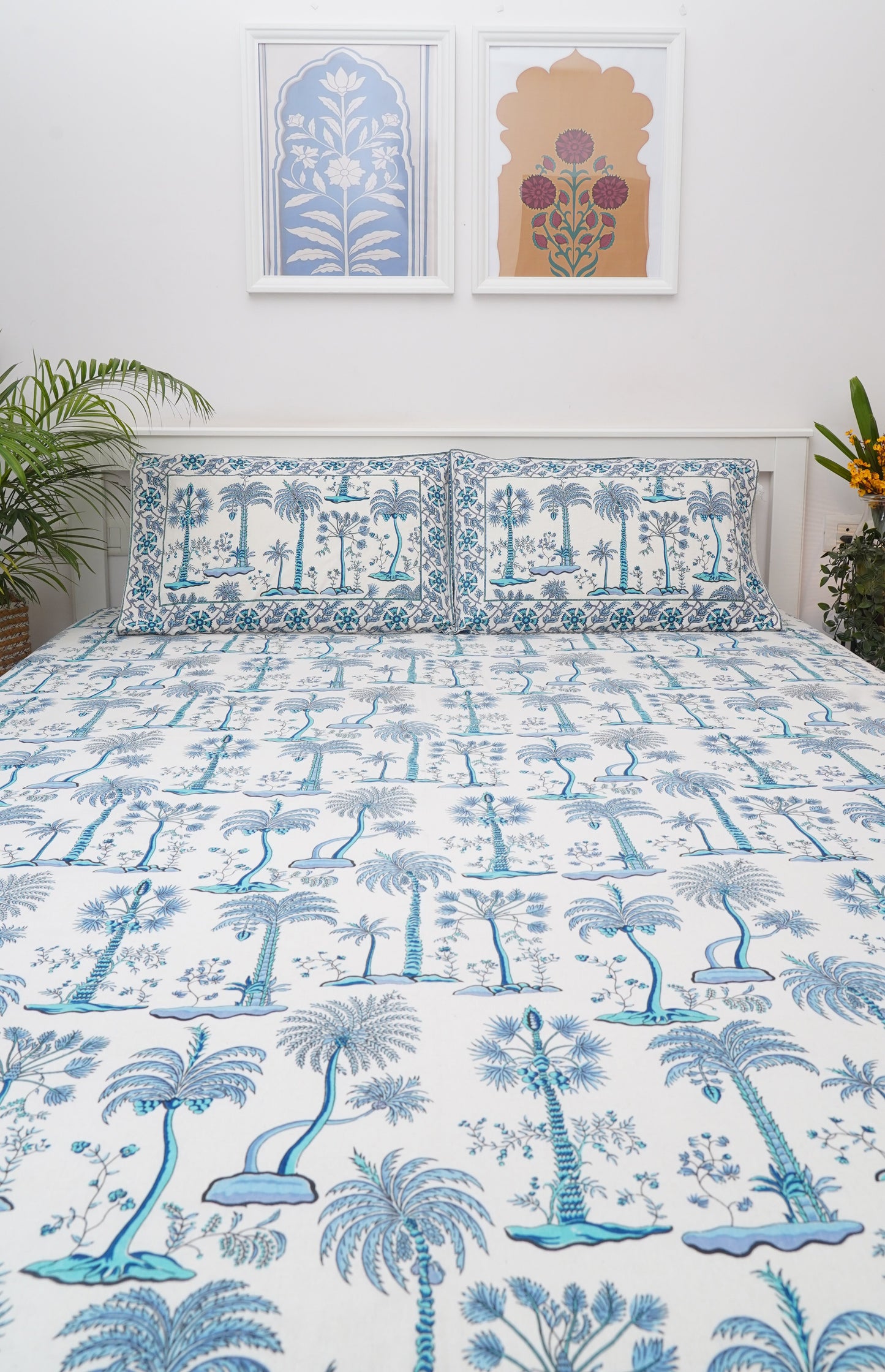 Nucifera- White & Blue King Size 100% Cotton Handblock Print Bedsheet