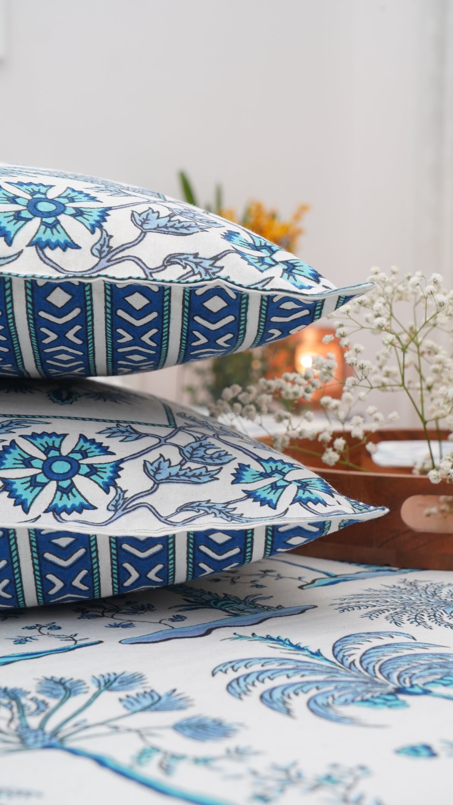 Nucifera- White & Blue King Size 100% Cotton Handblock Print Bedsheet