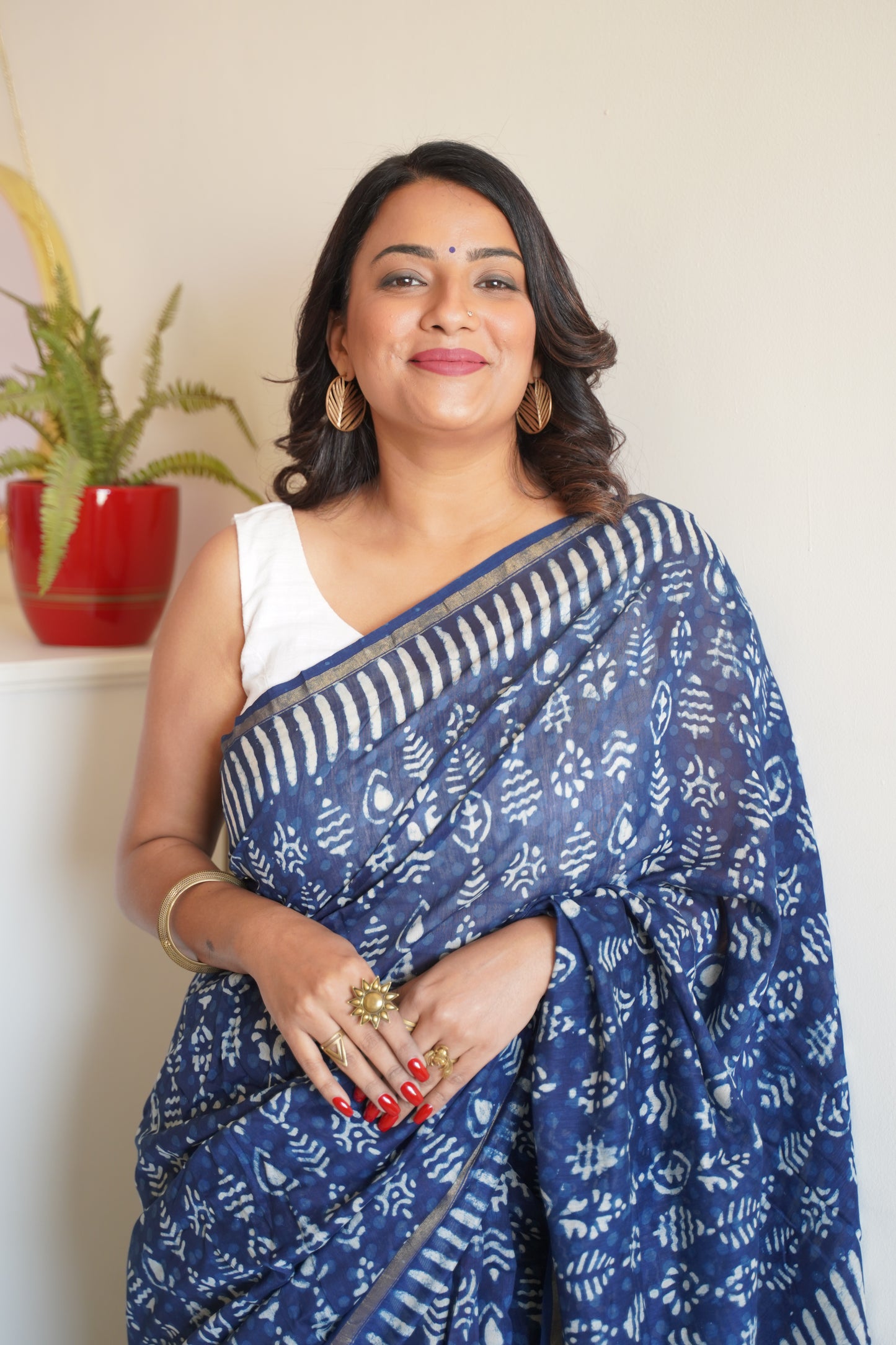 Indigo Blue Cotton and Silk Chanderi Handblock Print Saree