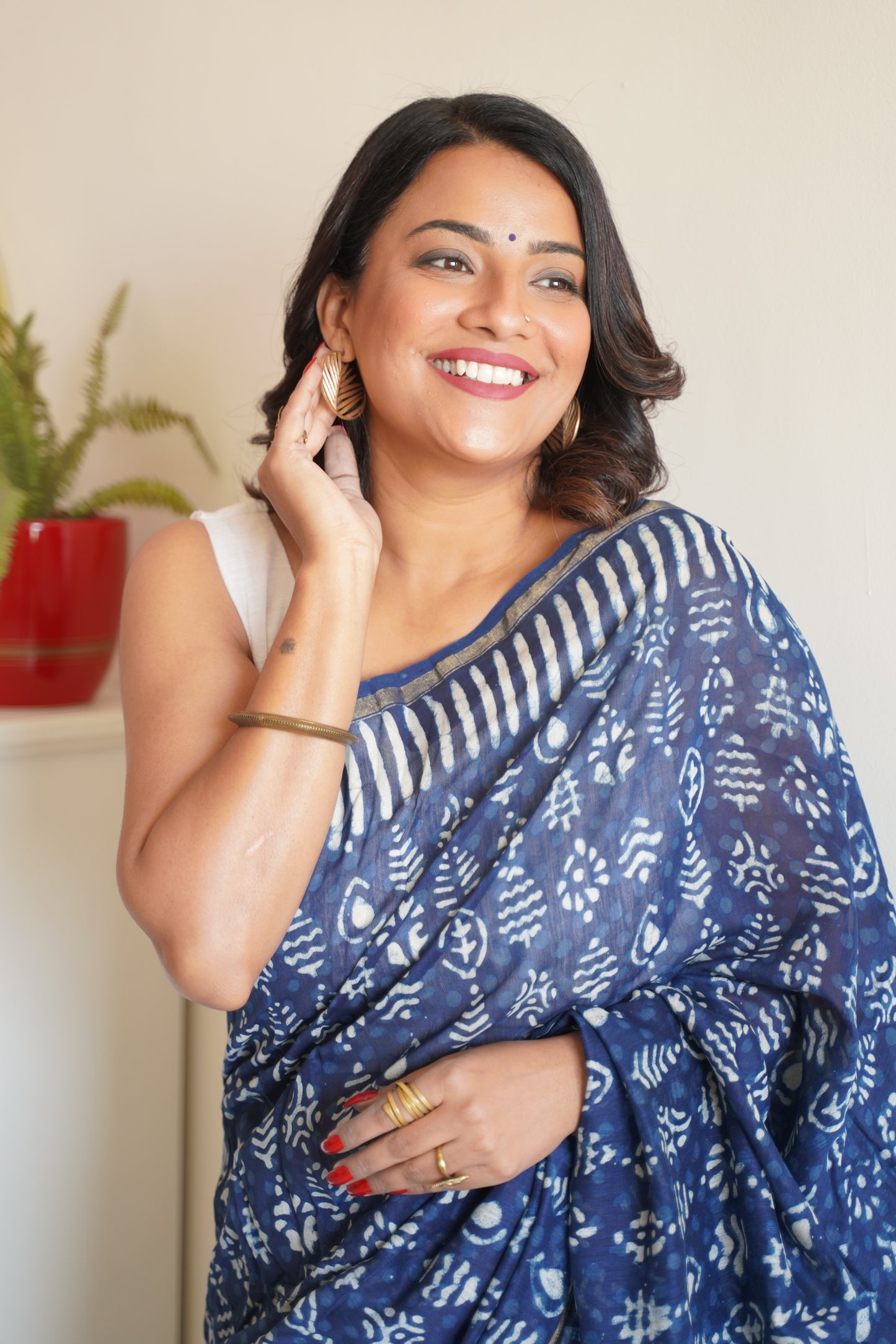 Indigo Blue Cotton and Silk Chanderi Handblock Print Saree