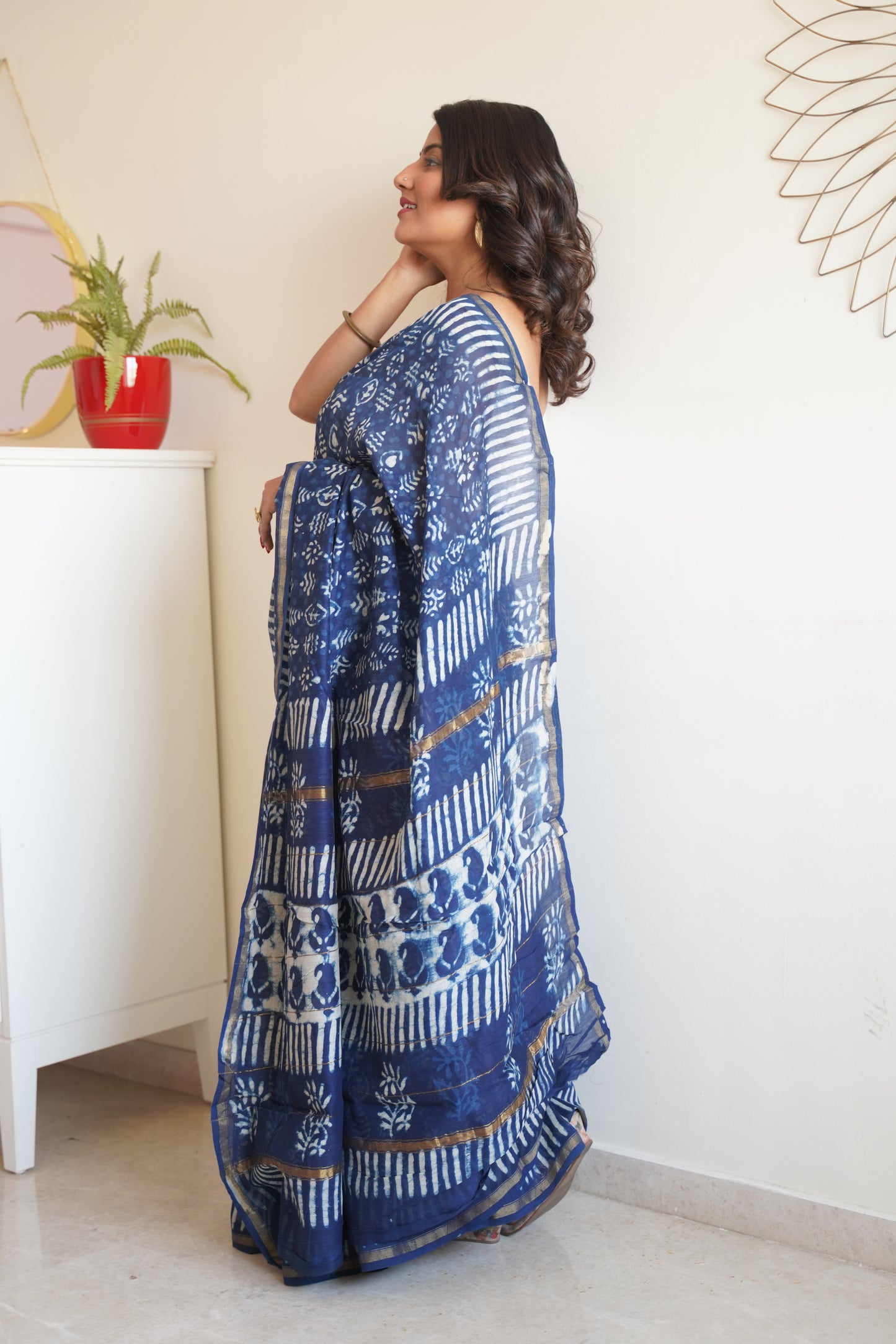 Indigo Blue Cotton and Silk Chanderi Handblock Print Saree