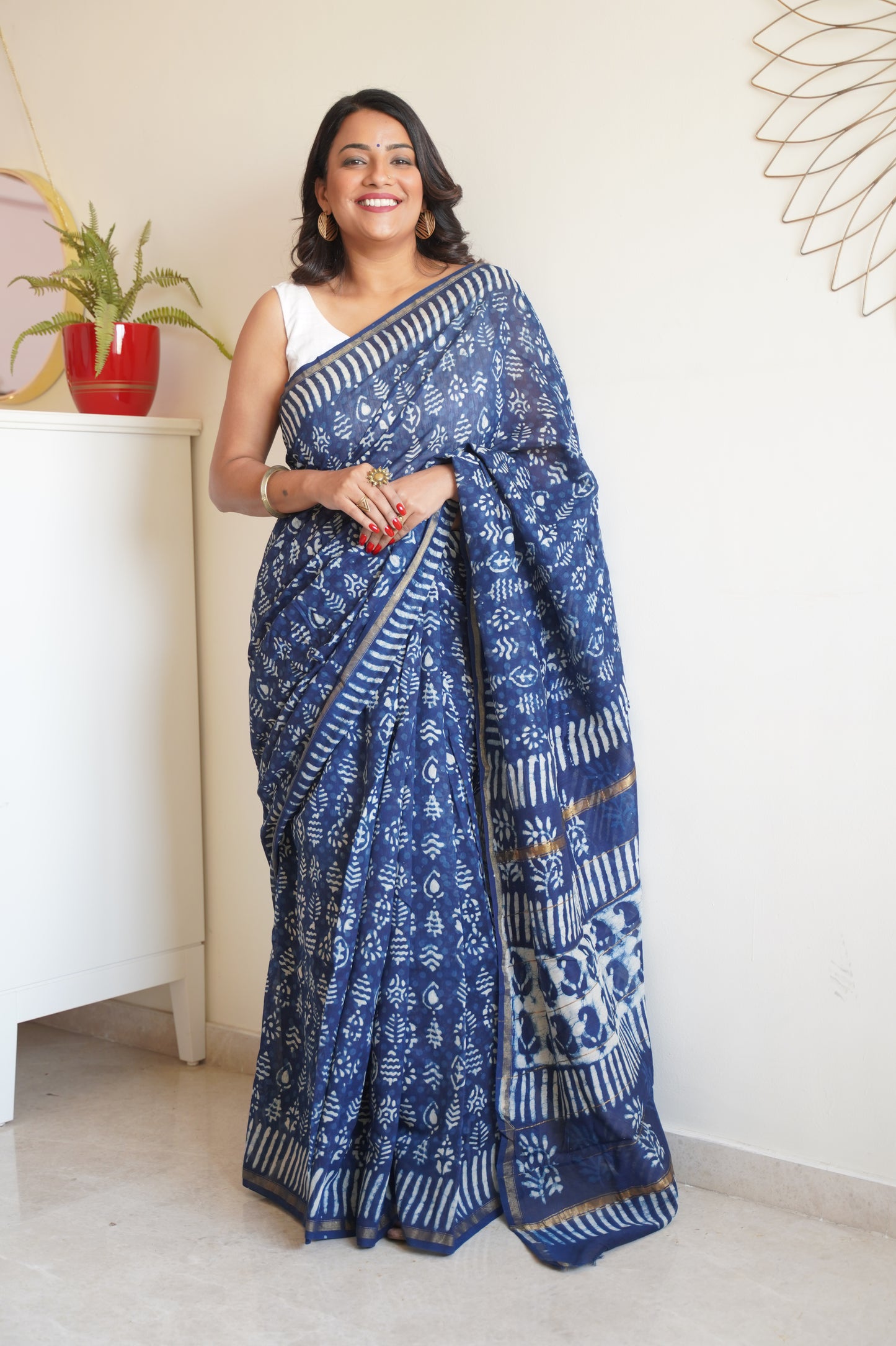 Indigo Blue Cotton and Silk Chanderi Handblock Print Saree