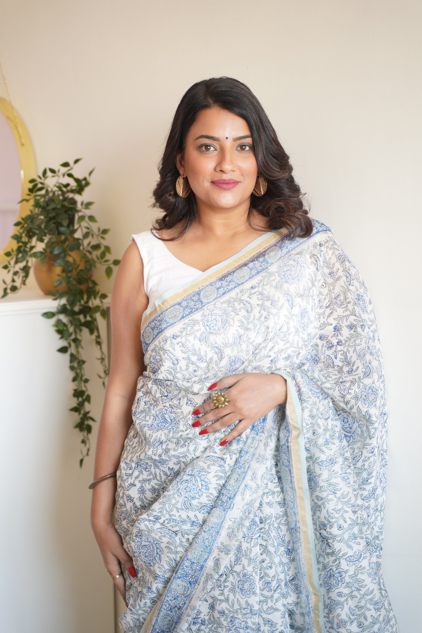 White and Blue Cotton and Silk Chanderi Handblock Print Saree