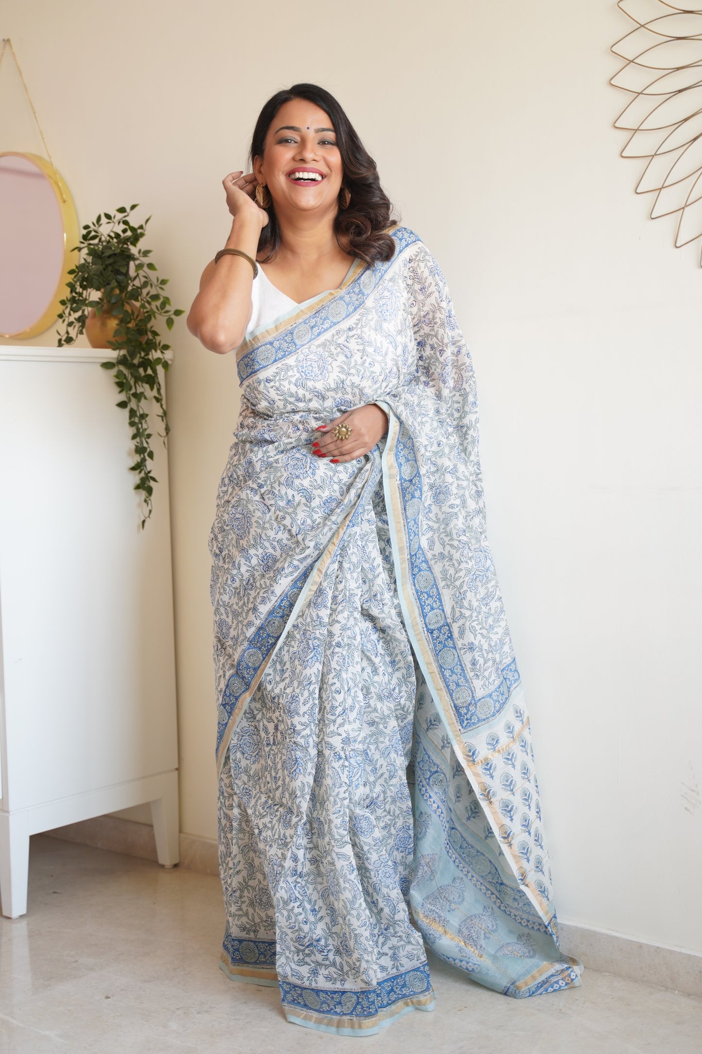 White and Blue Cotton and Silk Chanderi Handblock Print Saree