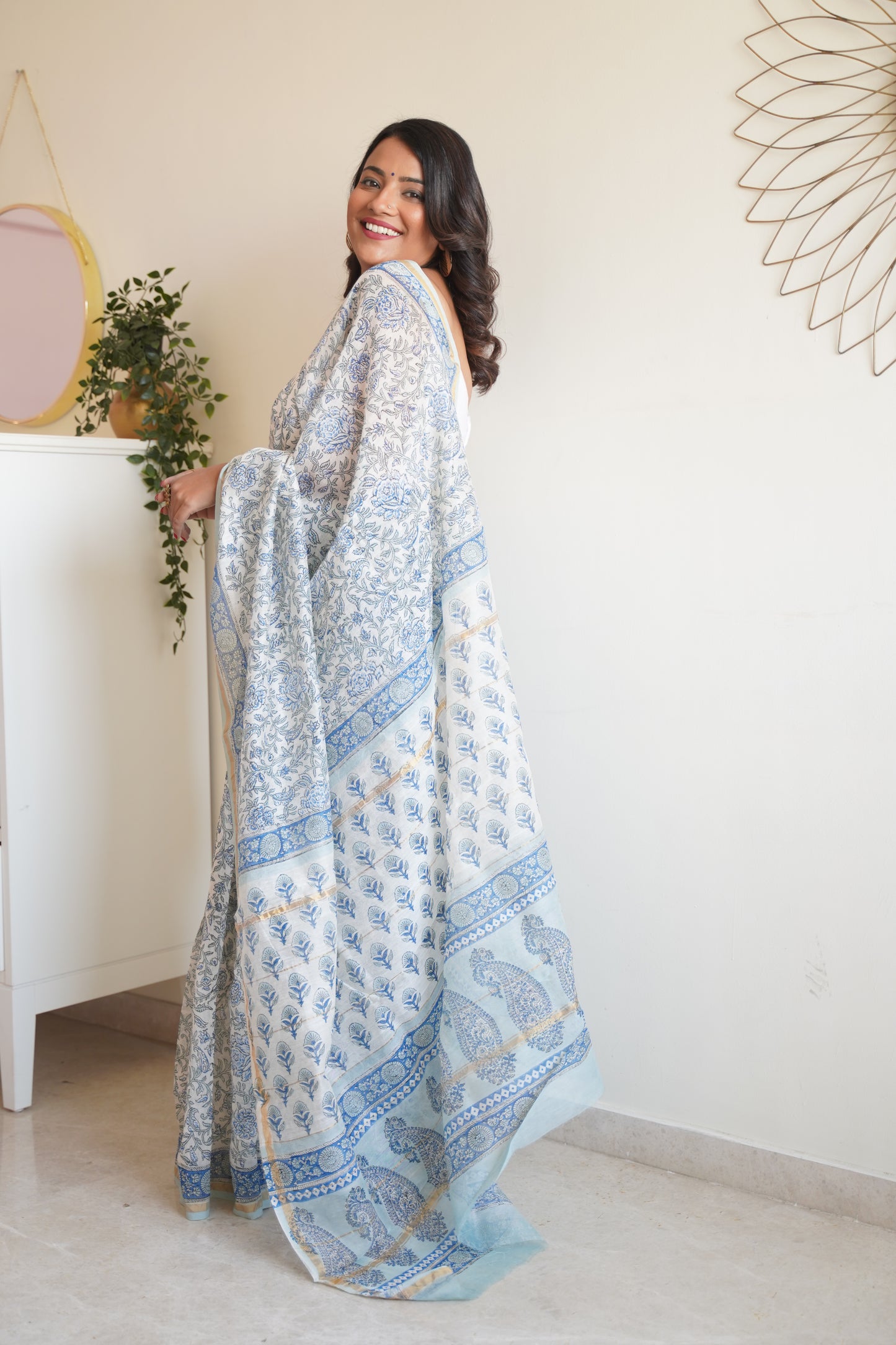 White and Blue Cotton and Silk Chanderi Handblock Print Saree