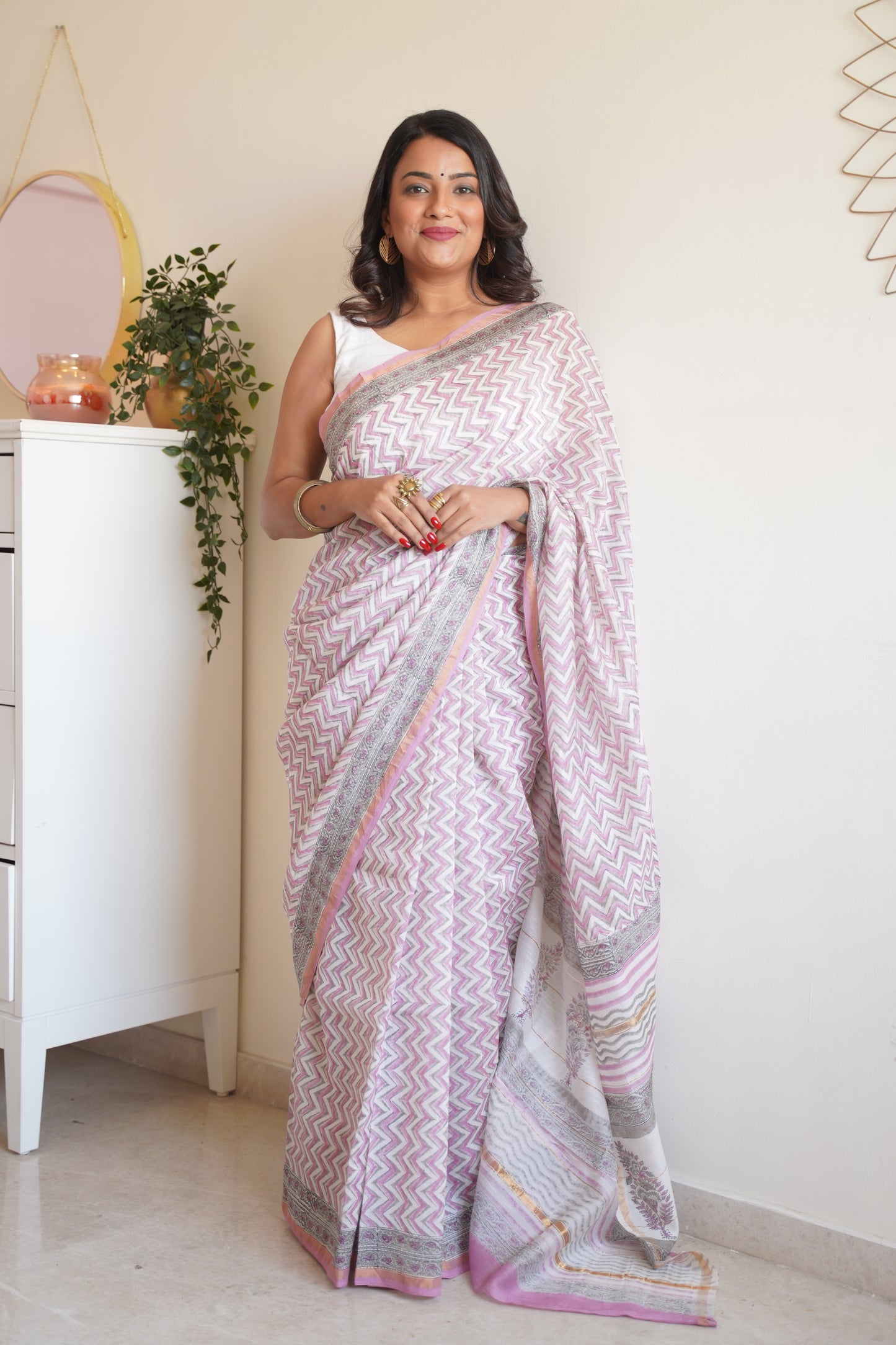 Baby Pink and White Cotton and Silk Chanderi Handblock Print Saree