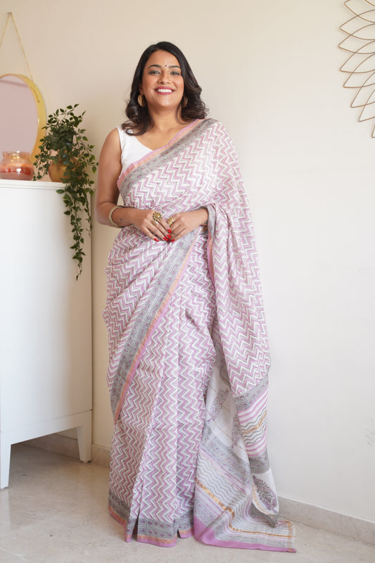 Baby Pink and White Cotton and Silk Chanderi Handblock Print Saree