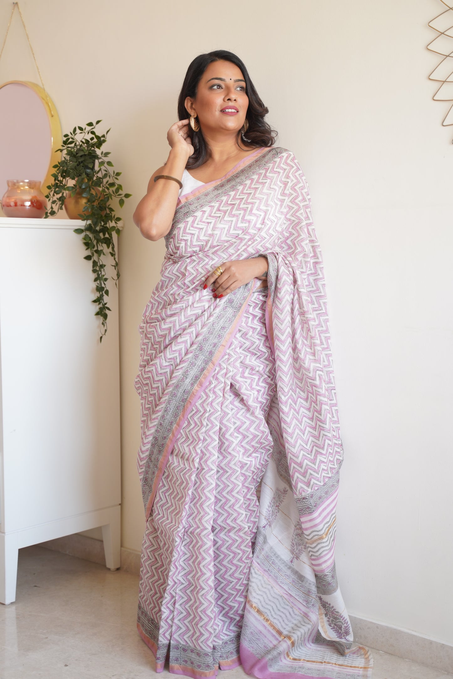 Baby Pink and White Cotton and Silk Chanderi Handblock Print Saree