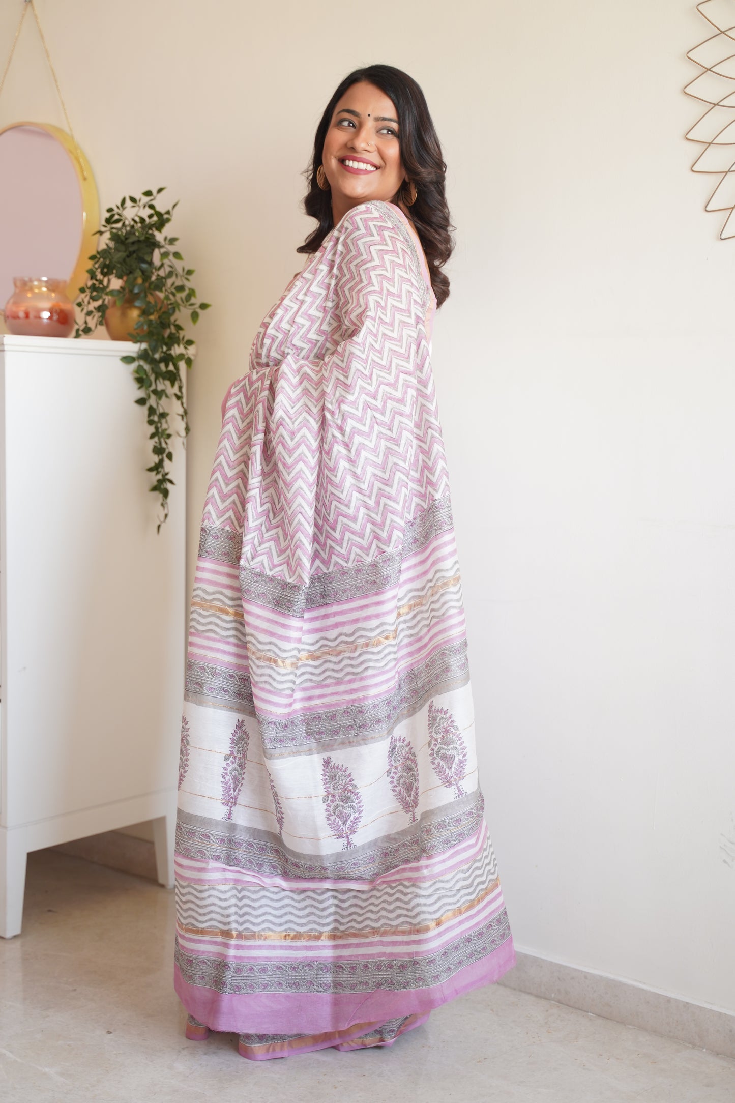 Baby Pink and White Cotton and Silk Chanderi Handblock Print Saree