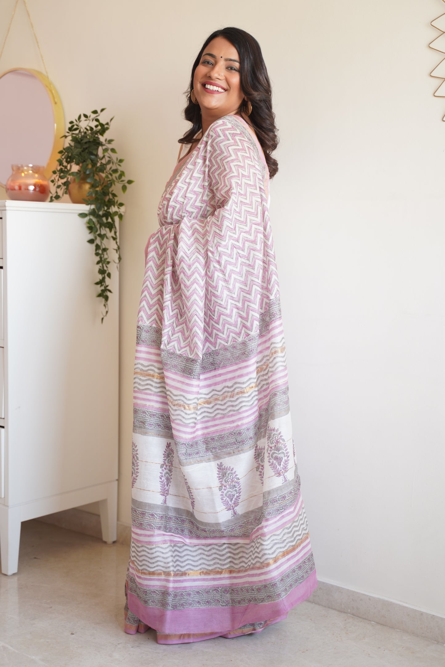 Baby Pink and White Cotton and Silk Chanderi Handblock Print Saree