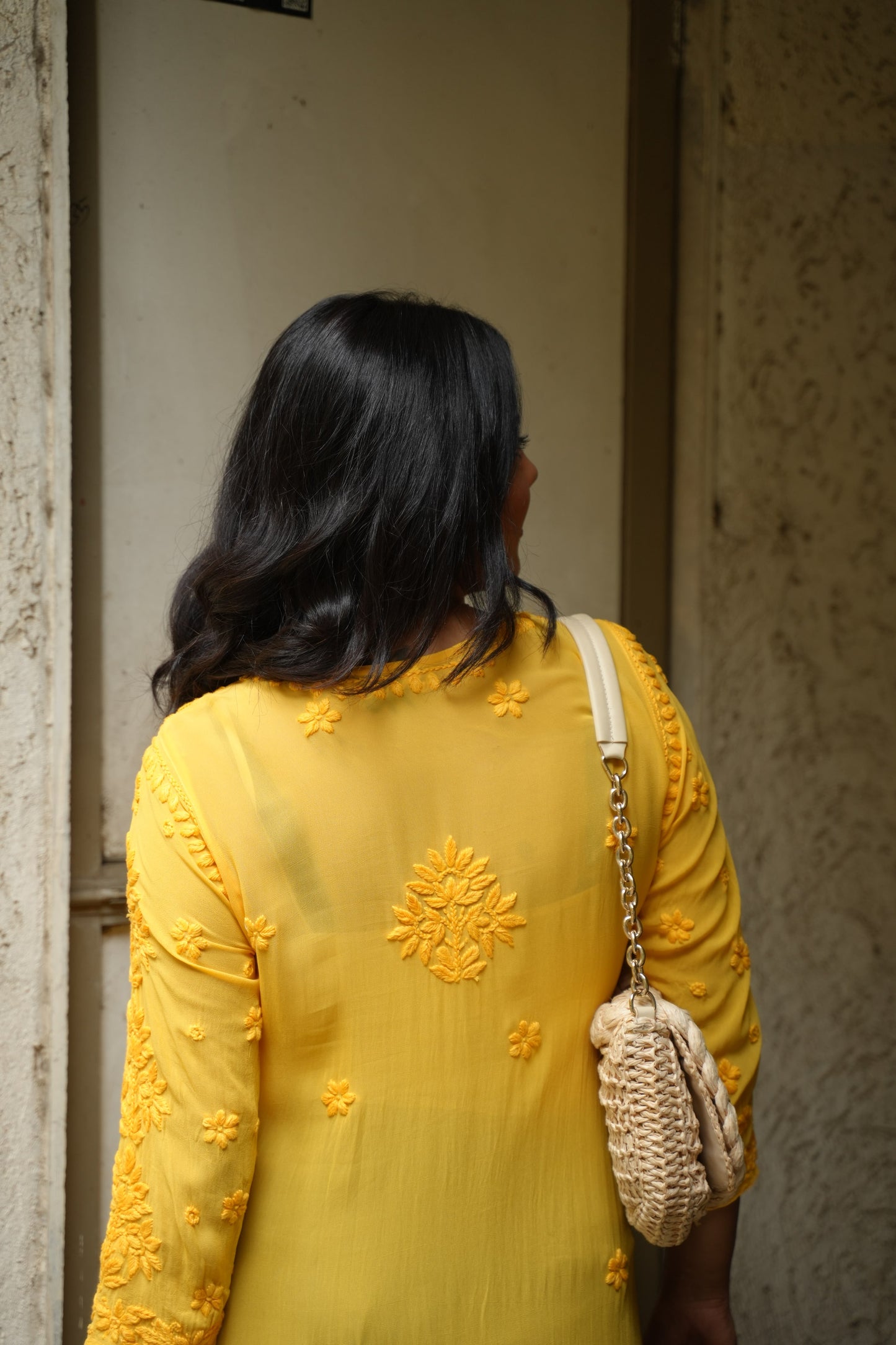 Aaradhya Handwoven Chikankari Yellow Long Kurta 100% Viscose